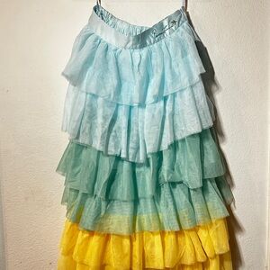 Tiered Ombre Ruffle Midi Skirt - Light Blue, Teal & Yellow